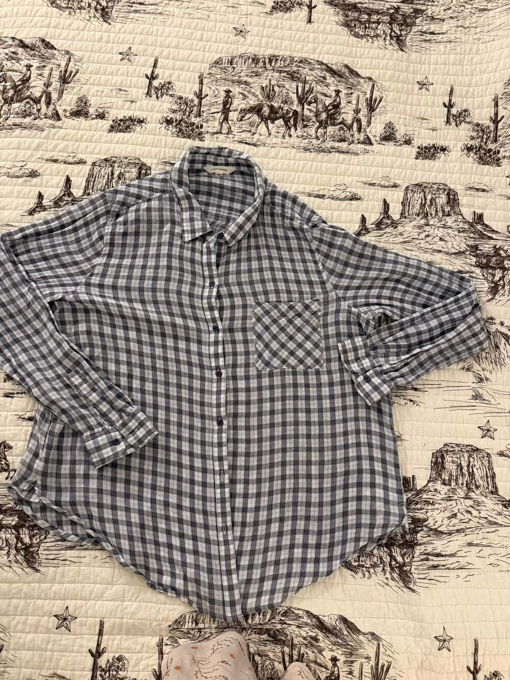 Lucky Brand Plaid Button Down Shirt Size L Blue Gray Cotton Viscose